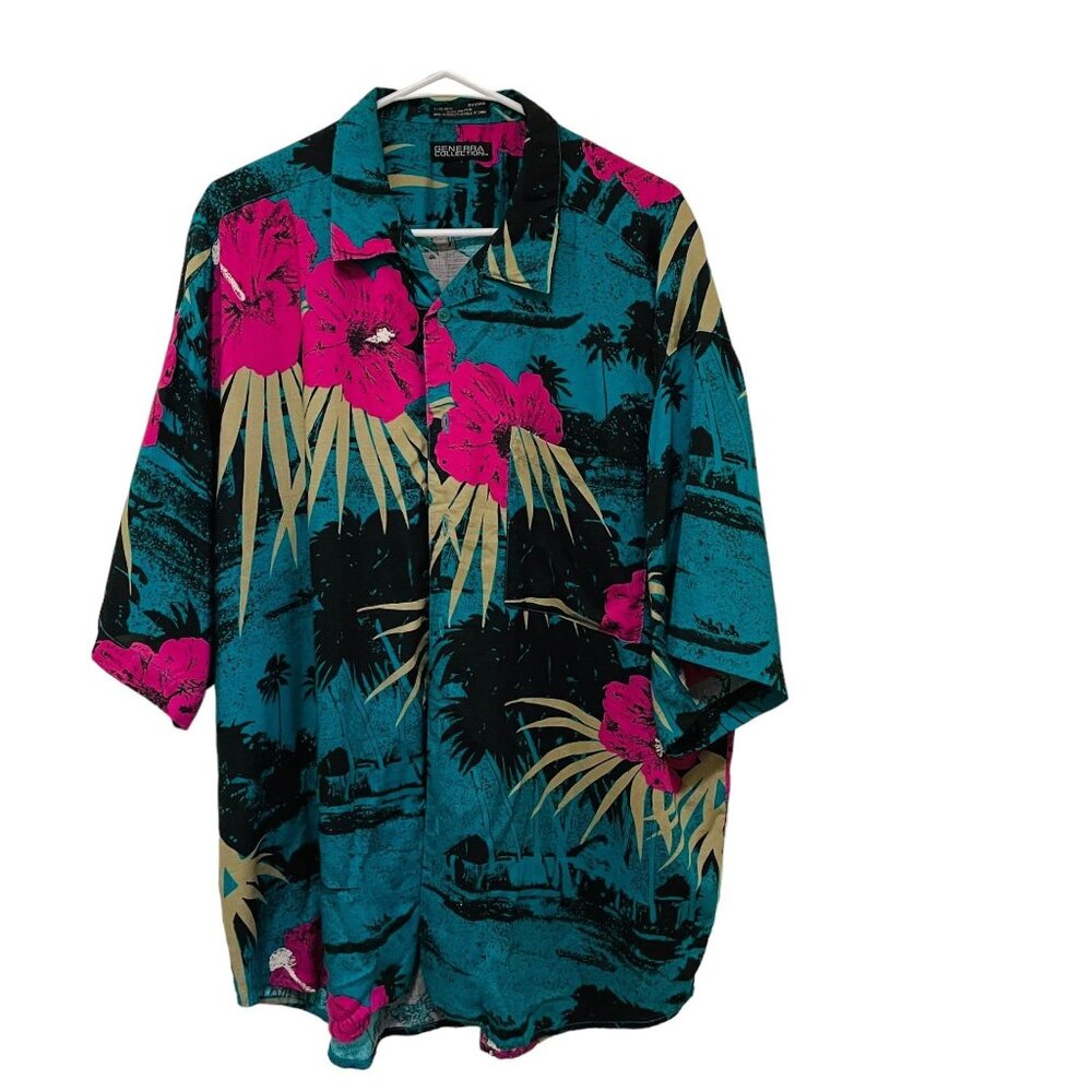 Generrra Collection Mens Hawaiian Shirt Turquoise Pink‎ Floral Short Sleeve Size